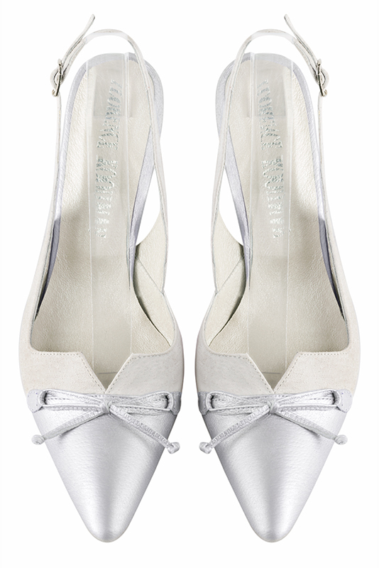 Light silver and sky blue women's open back shoes, with a knot. Tapered toe. High slim heel. Top view - Florence KOOIJMAN